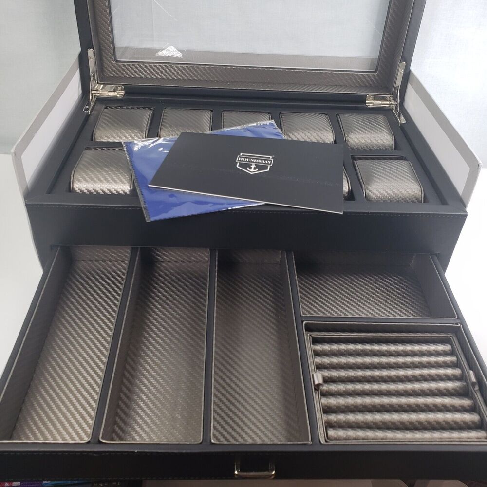 Houndsbay Yachtsman Vegan Leather Watch Jewelry Case 10 Slots With Pull Out Draw - Picture 3 of 16